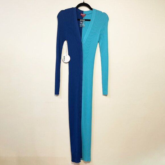 New Staud Shoko Colorblock Ribbed Bodycon Dress Blue Aqua Small $195 - Picture 2 of 8
